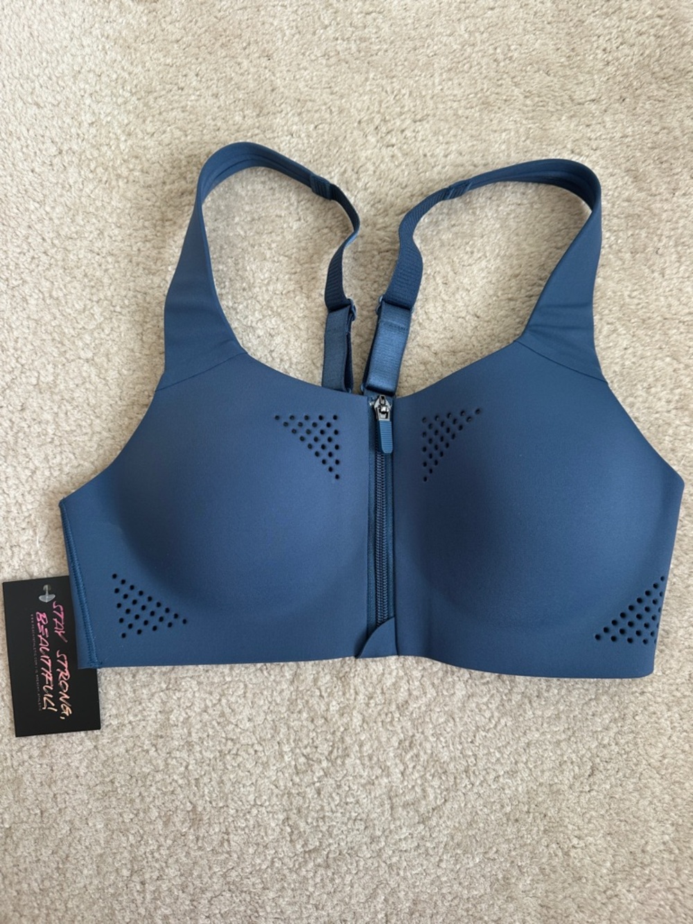 Dark Blue Peachy Athletic Stronghold Sports Bra Zip front High Support M 6 NWT